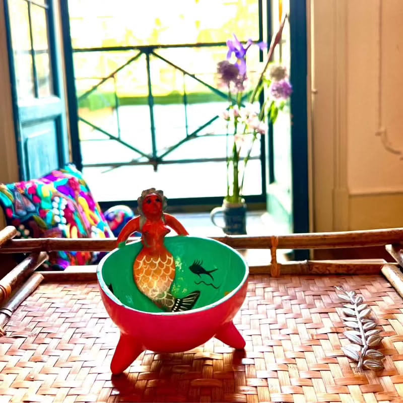 Ciotola artigianato messicano decorazione da tavola in cocco dipinta a mano con sirena in argilla originale colorata