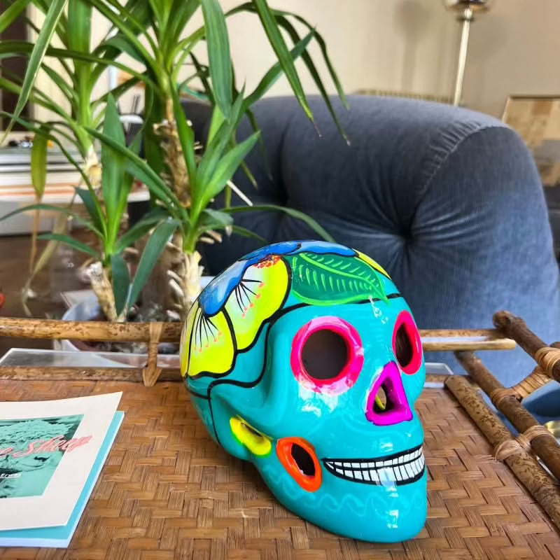Decorazione arredo casa da tavolo teschio in ceramica artigianato messicano ex voto con disegno fiori calavera portafortuna
