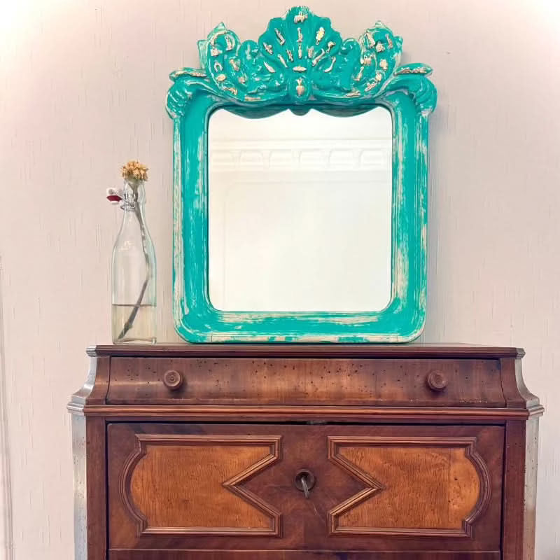 Decorazione da muro artigianale cornice specchio in legno Milagros messicano ex voto cuore conchiglia ciondoli porta fortuna