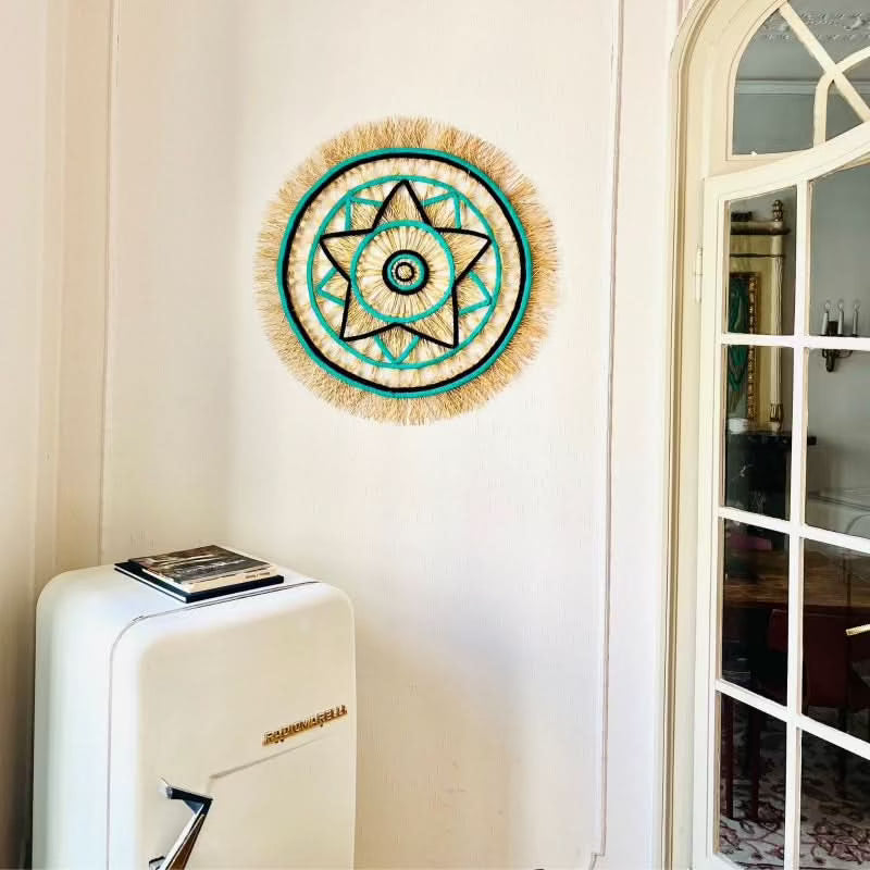 decorazione accessorio da muro artigianale paglia messicano dettaglio cotone ricamato a mano stella