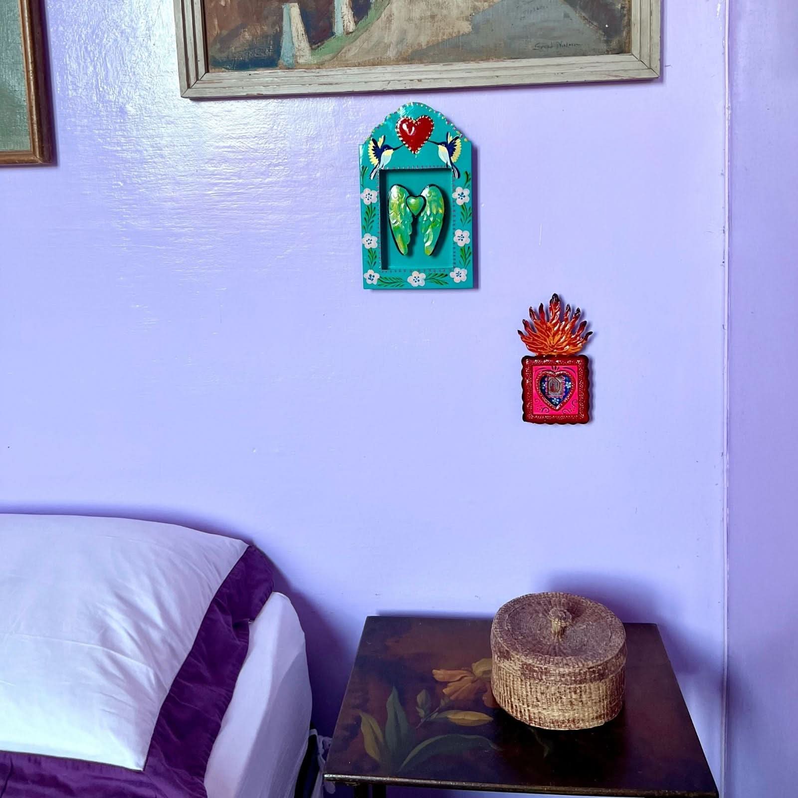 decorazione da muro teca votiva altare metallo artigianato messicano vergine di Guadalupe finestra in vetro dipinta a mano