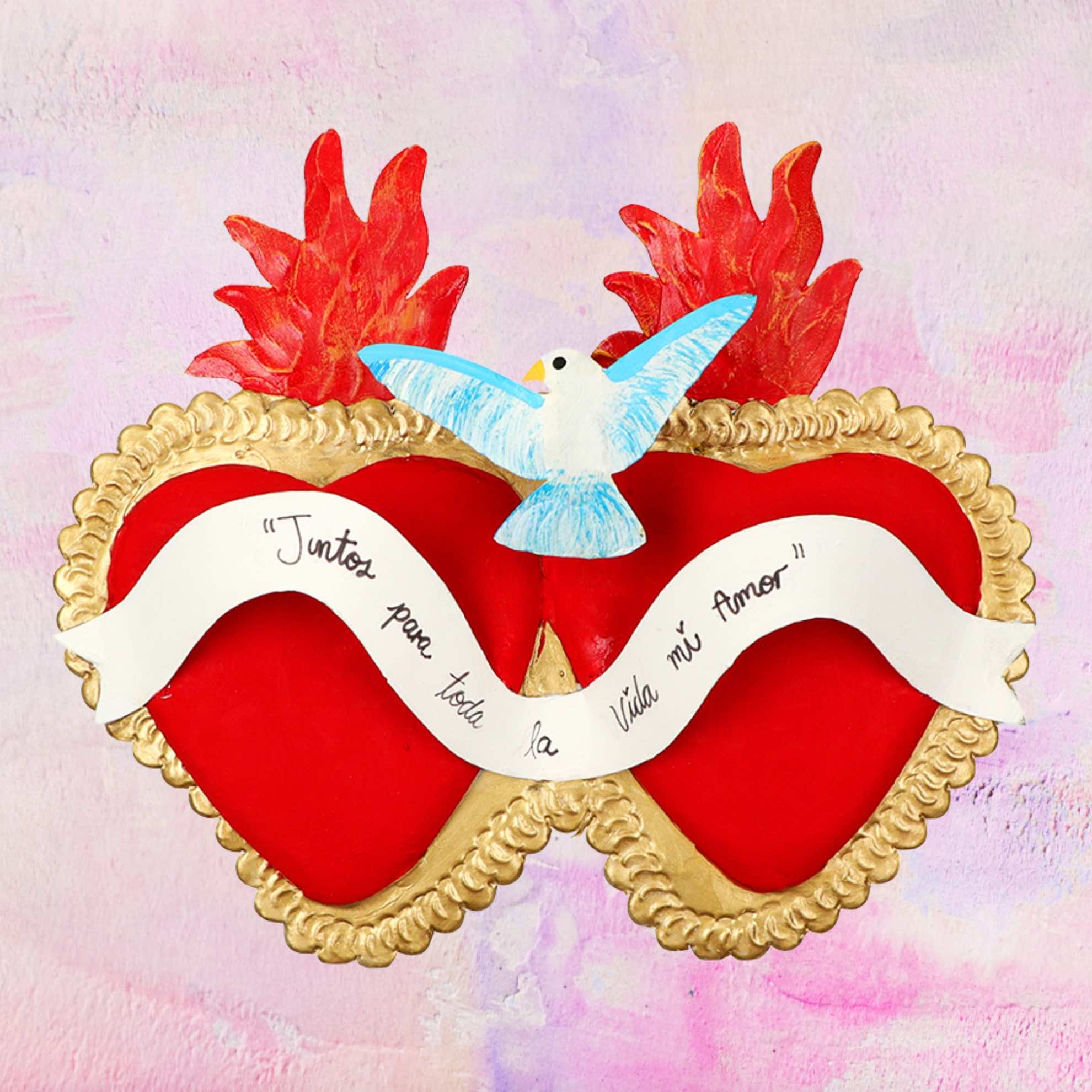 Double coeur avec colombe et message d'amour