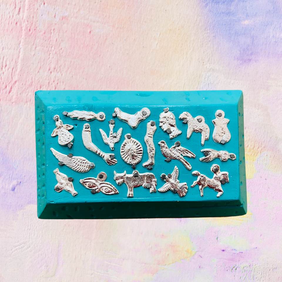 "Lingotto" Wooden Paperweight with Milagros Charms
