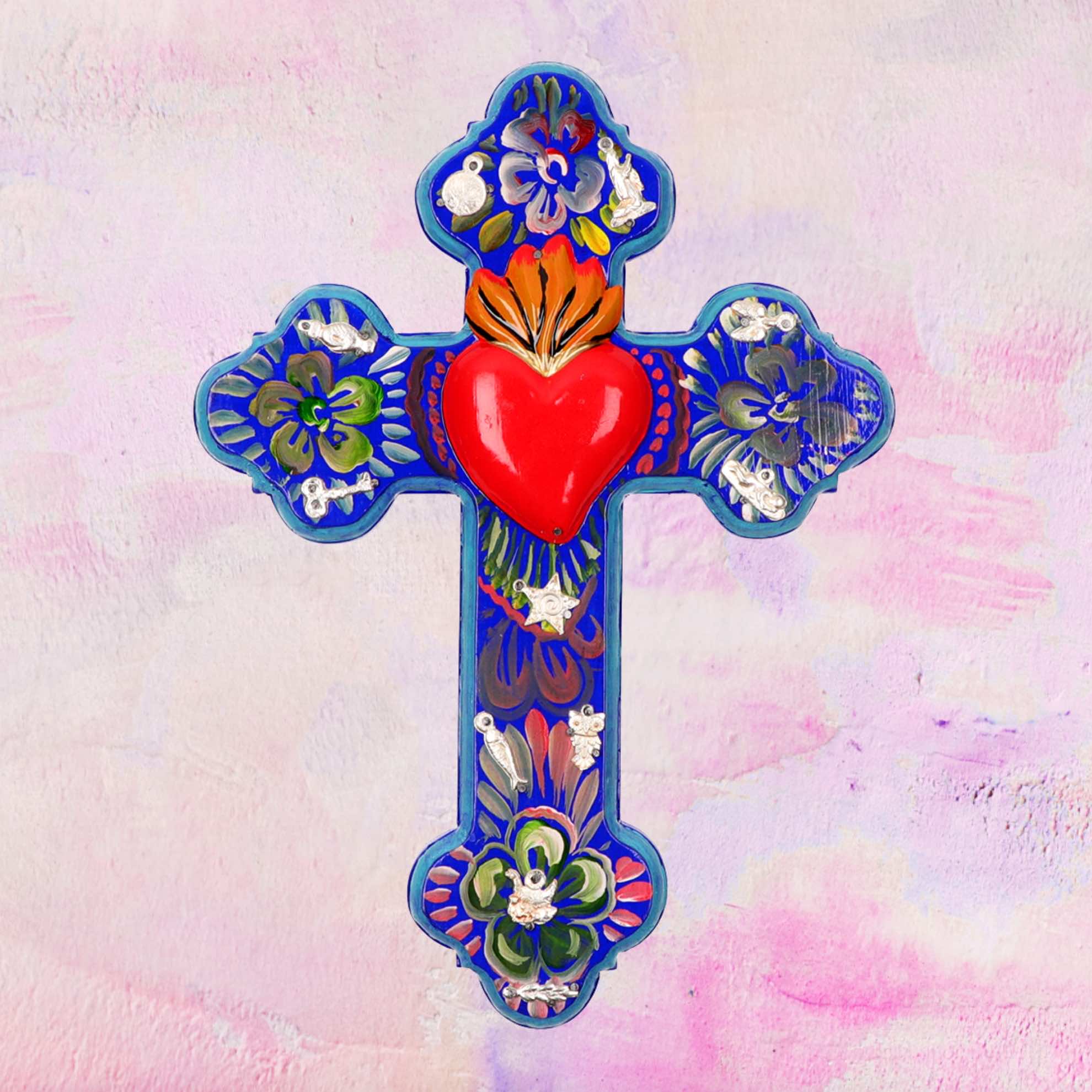 Wooden Folk Cross with 3D Heart