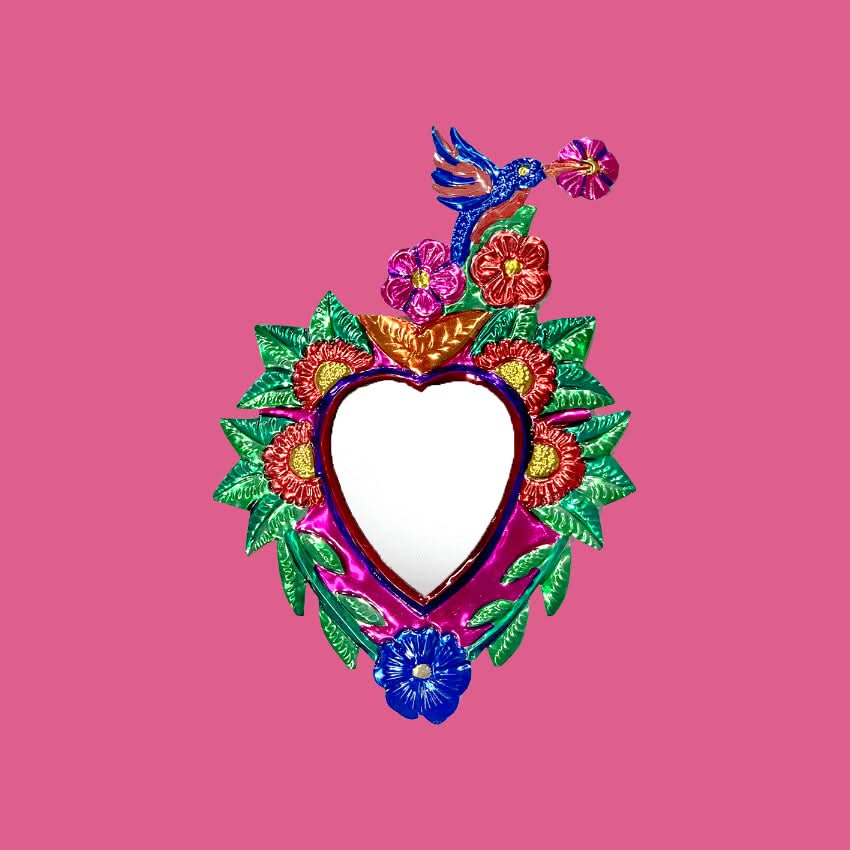 Decorazione da muro artigianale Cuore sacro Milagros messicano ex voto specchio originale in metallo colorato uccello colibrì