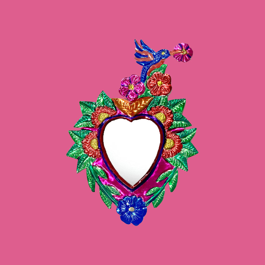 Decorazione da muro artigianale Cuore sacro Milagros messicano ex voto specchio originale in metallo colorato uccello colibrì