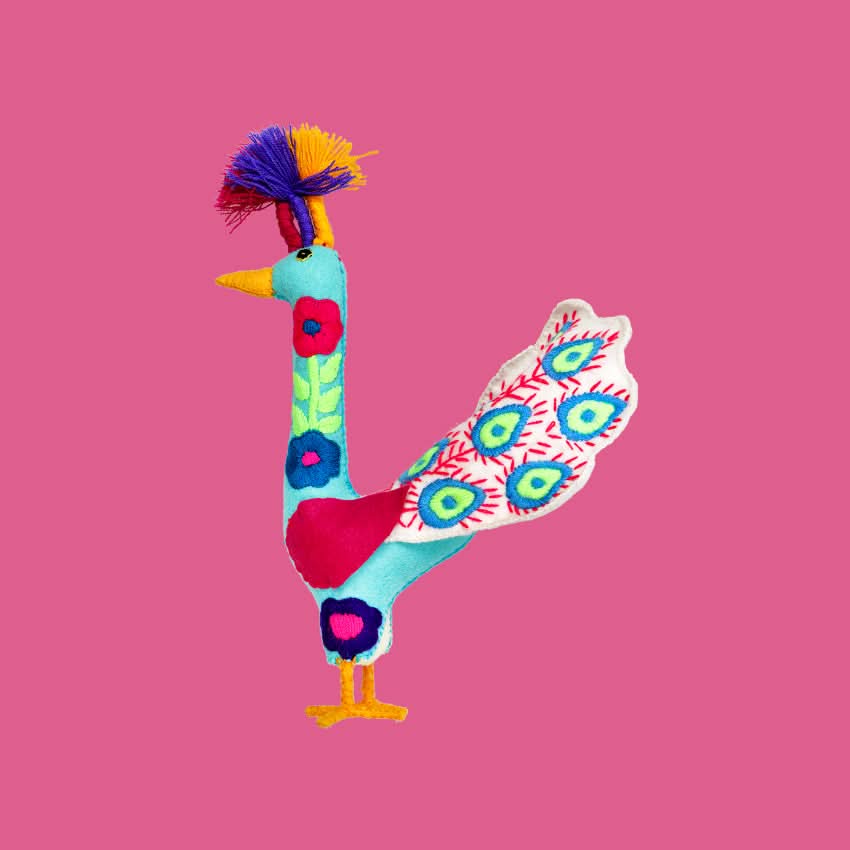 Decorazione arredo casa da tavolo artigianato peluche pavone fatto a mano colorato e ricamato in lana messicano