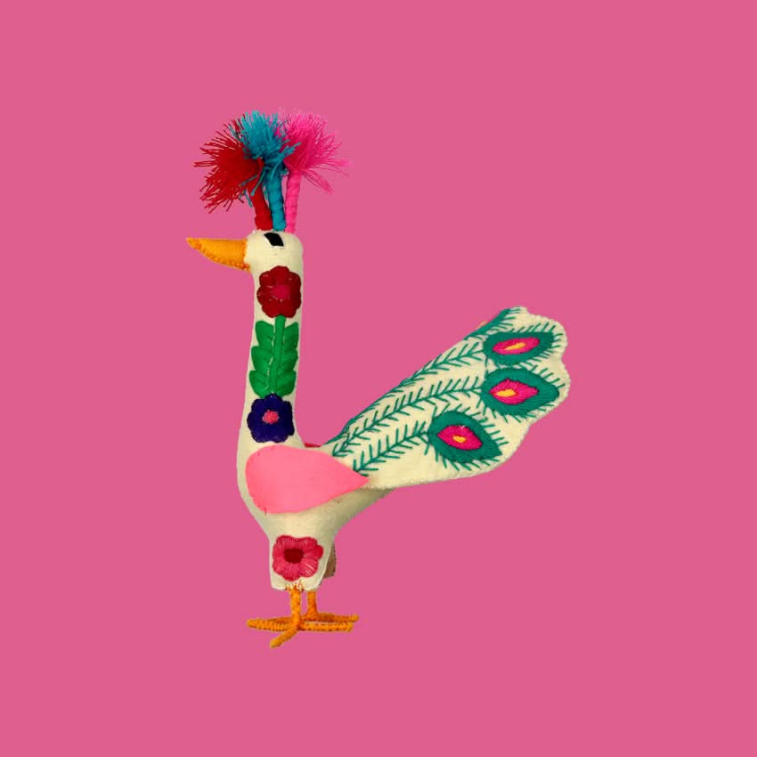 Decorazione arredo casa da tavolo artigianato peluche pavone fatto a mano colorato e ricamato in lana messicano