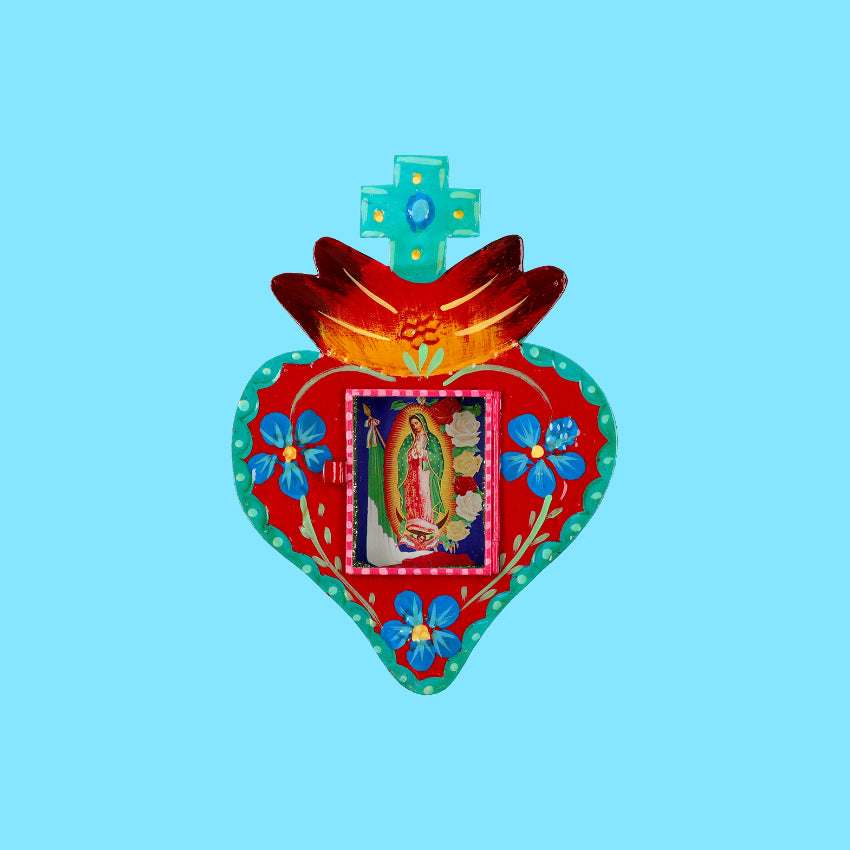 decorazione da muro teca votiva altare metallo artigianato messicano devozione arte sacra vergine di Guadalupe dipinta a mano