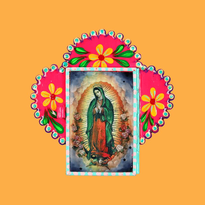 decorazione da muro teca votiva altare metallo artigianato messicano vergine di Guadalupe finestra in vetro dipinta a mano