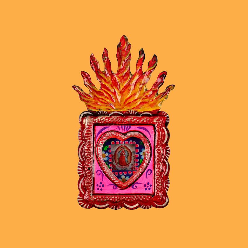 decorazione da muro teca votiva altare metallo artigianato messicano vergine di Guadalupe finestra in vetro dipinta a mano