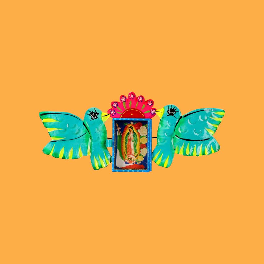 decorazione da muro teca votiva altare metallo artigianato messicano vergine di Guadalupe finestra in vetro dipinta a mano