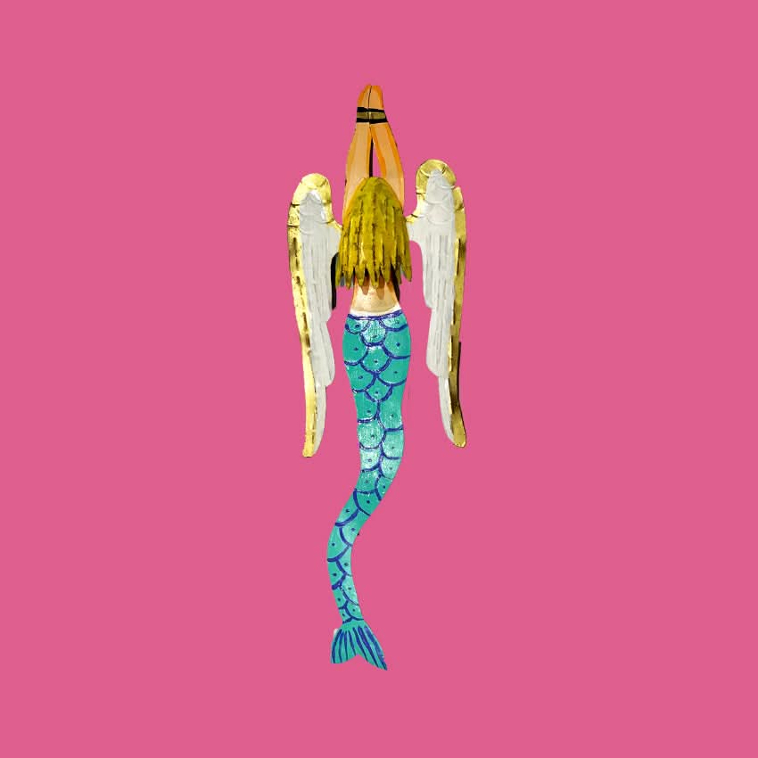 Decorazione da muro artigianato messicano ex voto sirena angelo simbolo femminile dipinta a mano con ali in metallo colorato