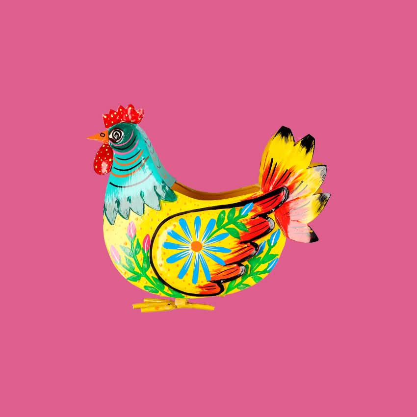 Decorazione arredo casa giardino vaso artigianato gallina metallo colorata messicana con cuore ex voto porta fortuna