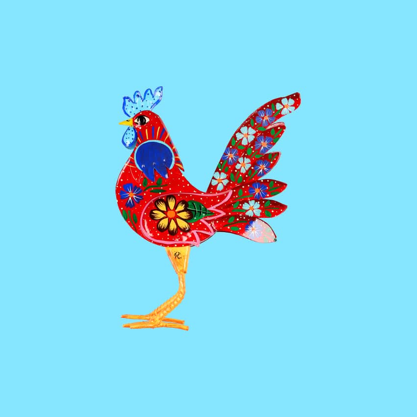 Decorazione arredo casa giardino scultura artigianato gallo da terra metallo colorato messicana cuore ex voto porta fortuna