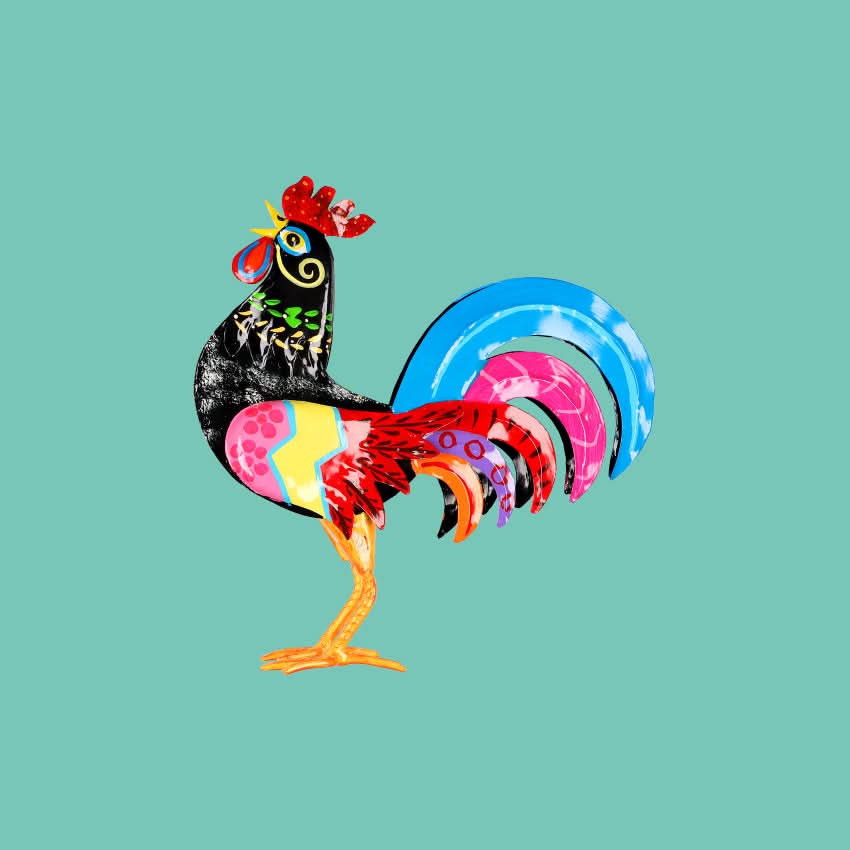 Decorazione arredo casa giardino scultura artigianato gallo da terra metallo colorato messicana cuore ex voto porta fortuna