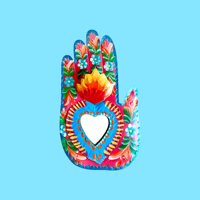 Decorazione da muro specchio cuore sacro Milagros artigianato messicano mano ex voto originale in metallo disegno fiori