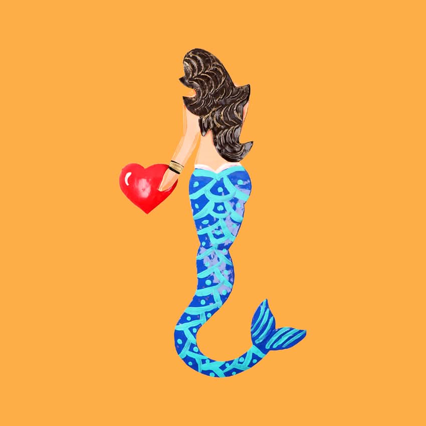 Decorazione da muro artigianale messicano ex voto sirena cuore simbolo femminile donna dipinta a mano in metallo colorato