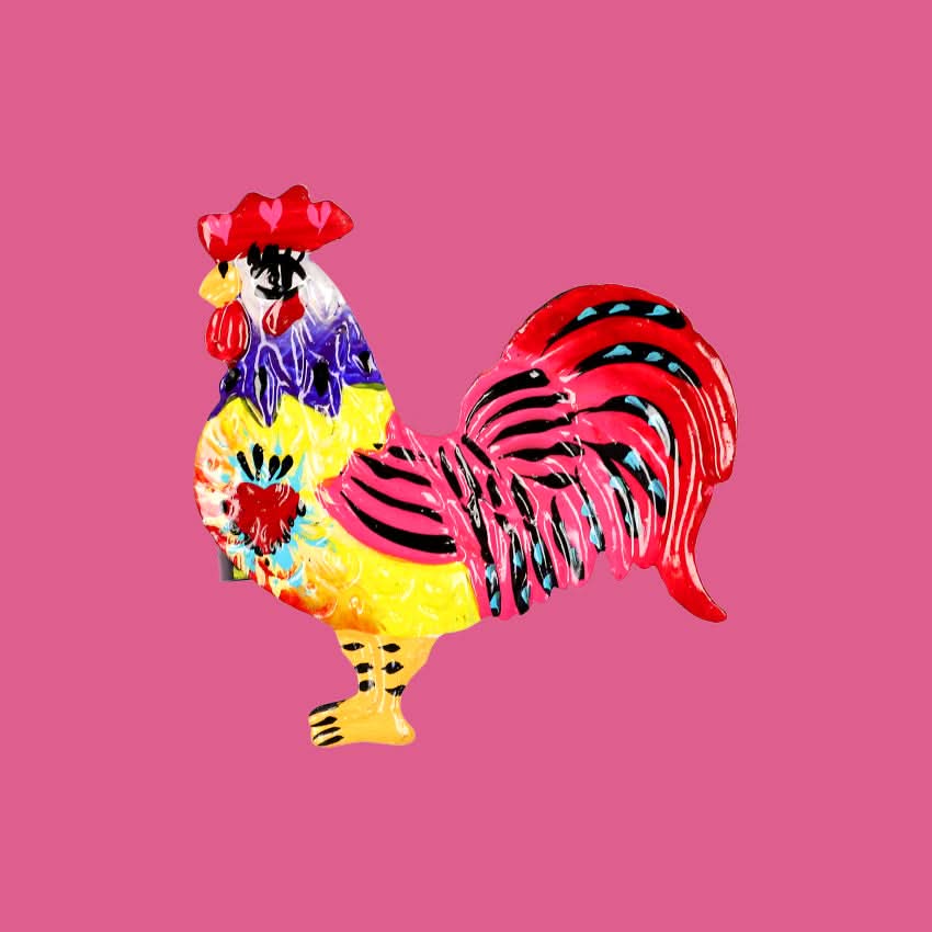 decorazione accessorio da tavola portatovagliolo con animale gallo in metallo colorato fatto a mano artigianale messicano