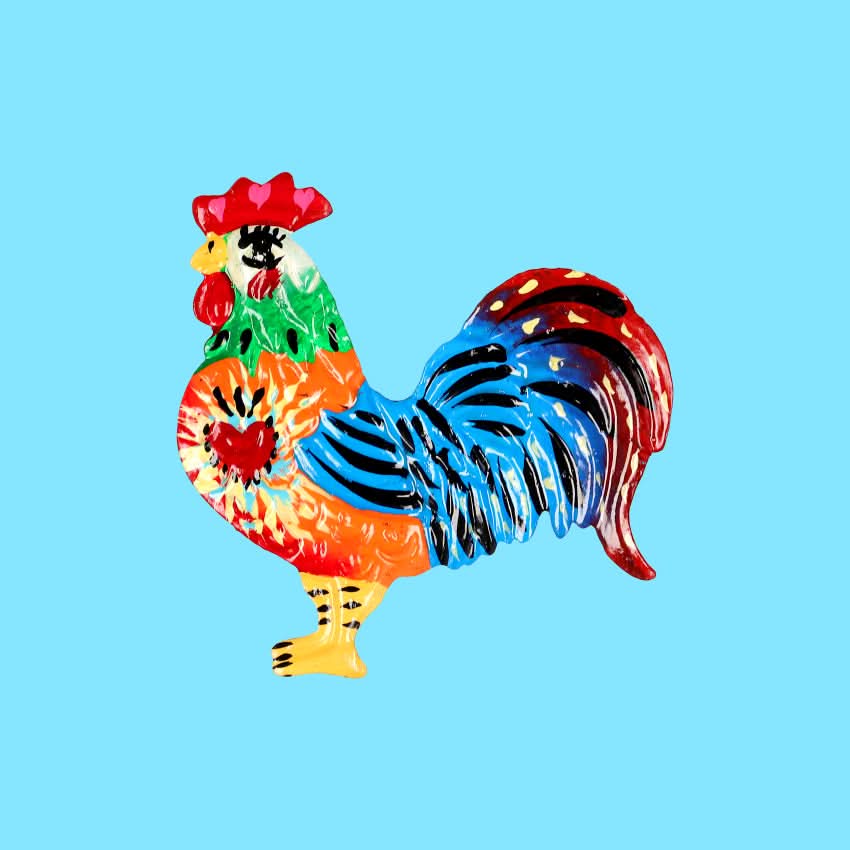 decorazione accessorio da tavola portatovagliolo con animale gallo in metallo colorato fatto a mano artigianato messicano