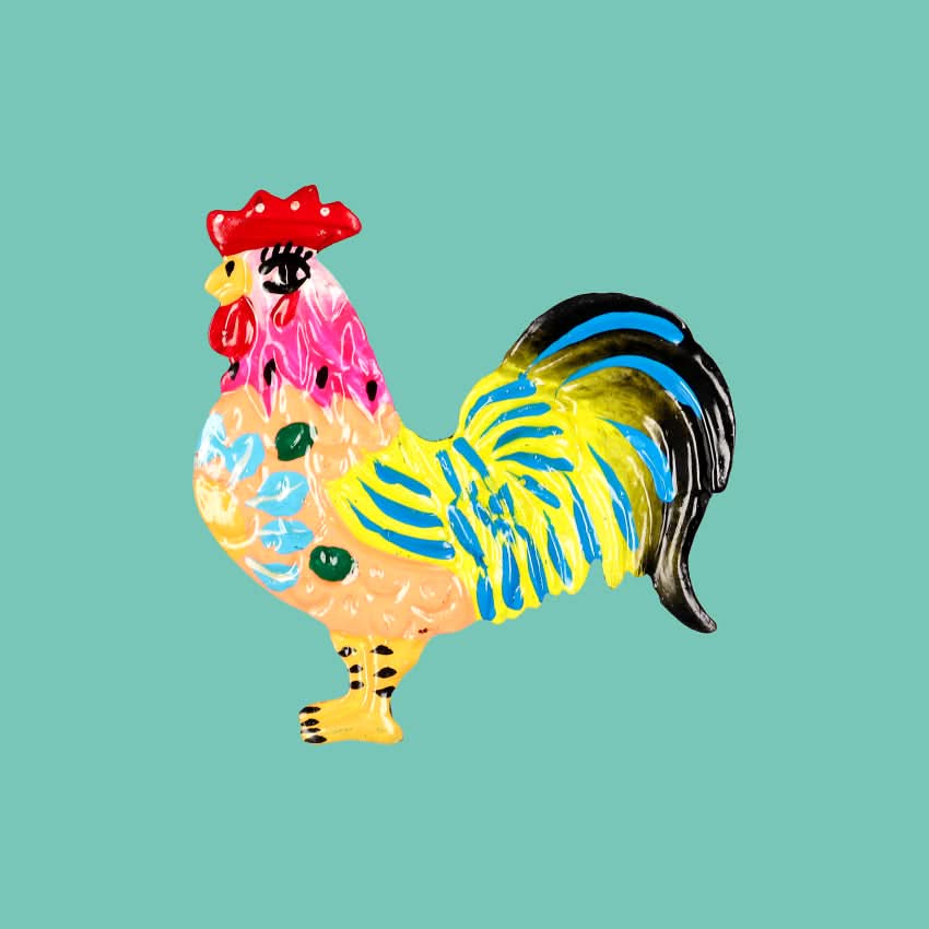 decorazione accessorio da tavola portatovagliolo con animale gallo in metallo colorato fatto a mano artigianale messicano