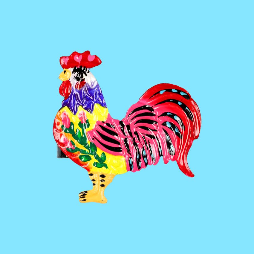 decorazione accessorio da tavola portatovagliolo con animale gallo in metallo colorato fatto a mano artigianato messicano
