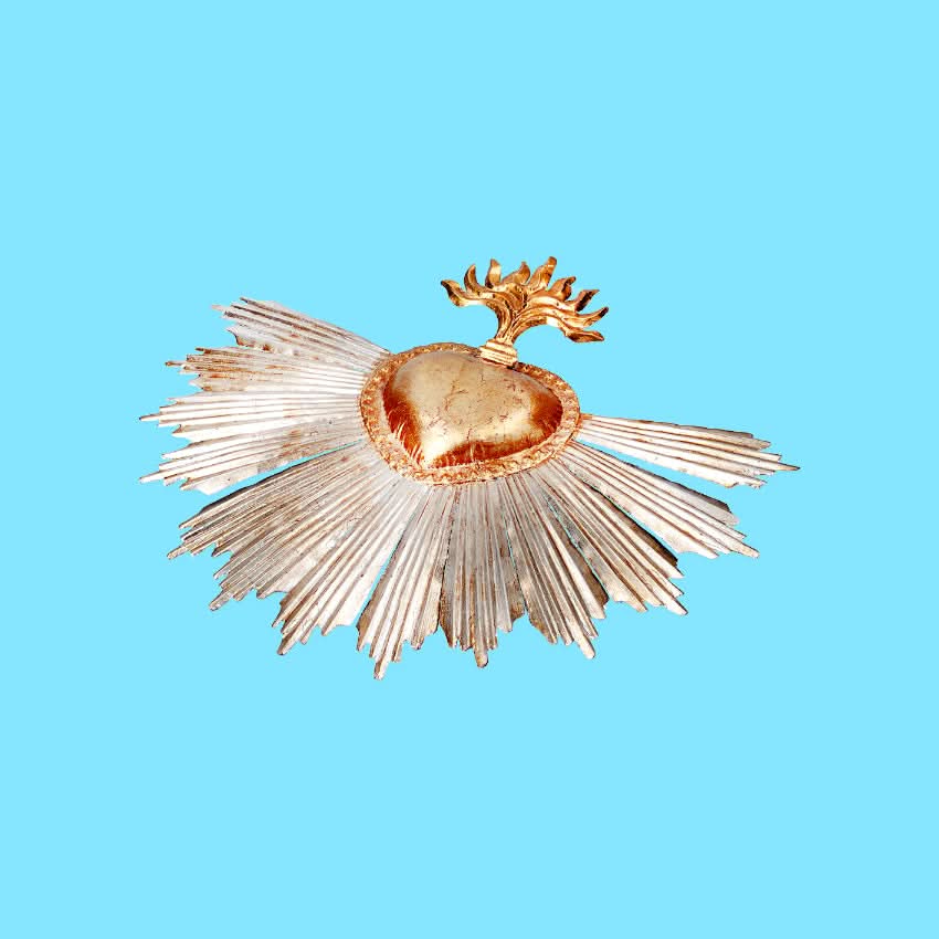 decorazione cuore sacro da muro 3D Milagros artigianato messicano dorato ex voto in metallo foglia d'oro fatto a mano raggi