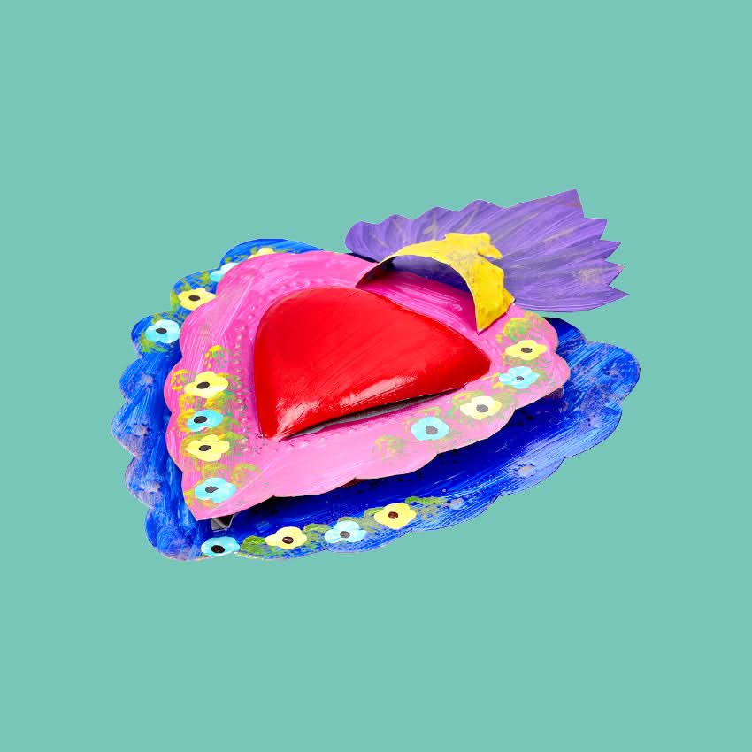 Decorazione da muro Cuore sacro Milagros artigianato messicano ex voto colorato originale in metallo dipinto disegno floreale