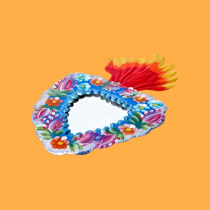 Decorazione da muro Cuore sacro Milagros artigianato messicano ex voto specchio originale in metallo disegno fiori con fiamma