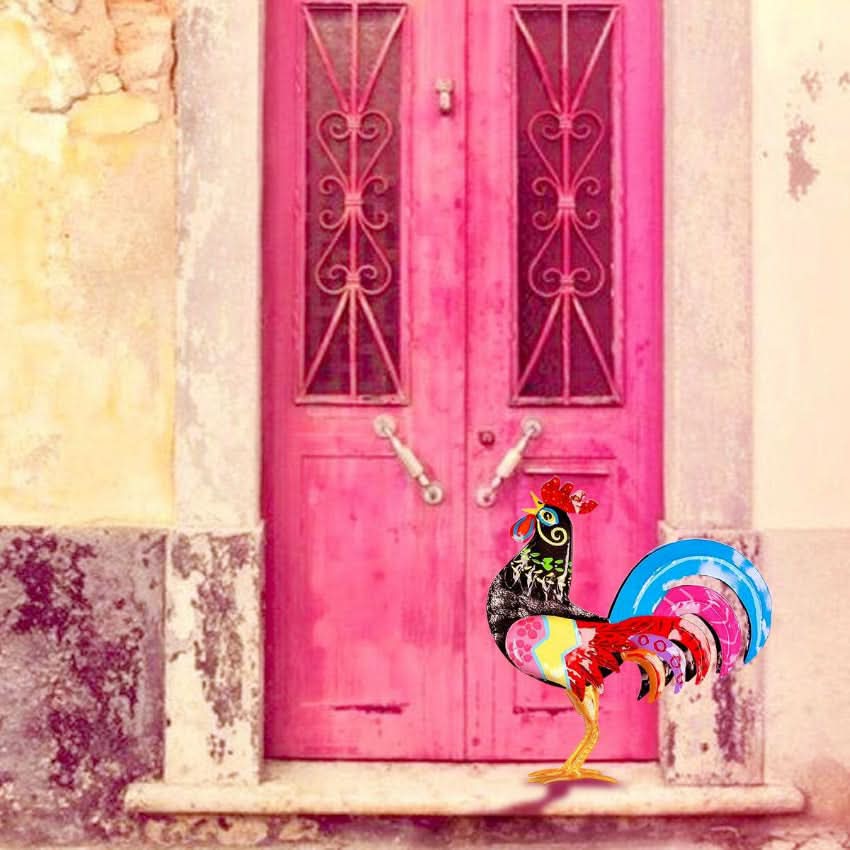 Decorazione arredo casa giardino scultura artigianato gallo da terra metallo colorato messicana cuore ex voto porta fortuna