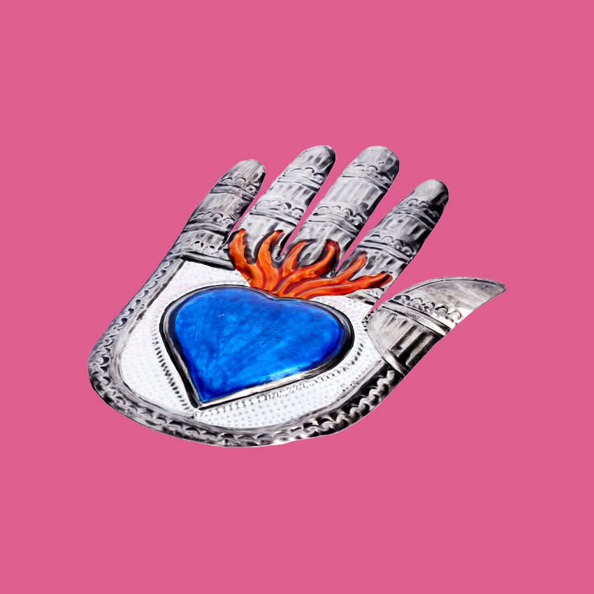 Decorazione da muro mano bassorilievo 3D cuore sacro Milagros artigianato messicano mano ex voto originale in metallo vintage