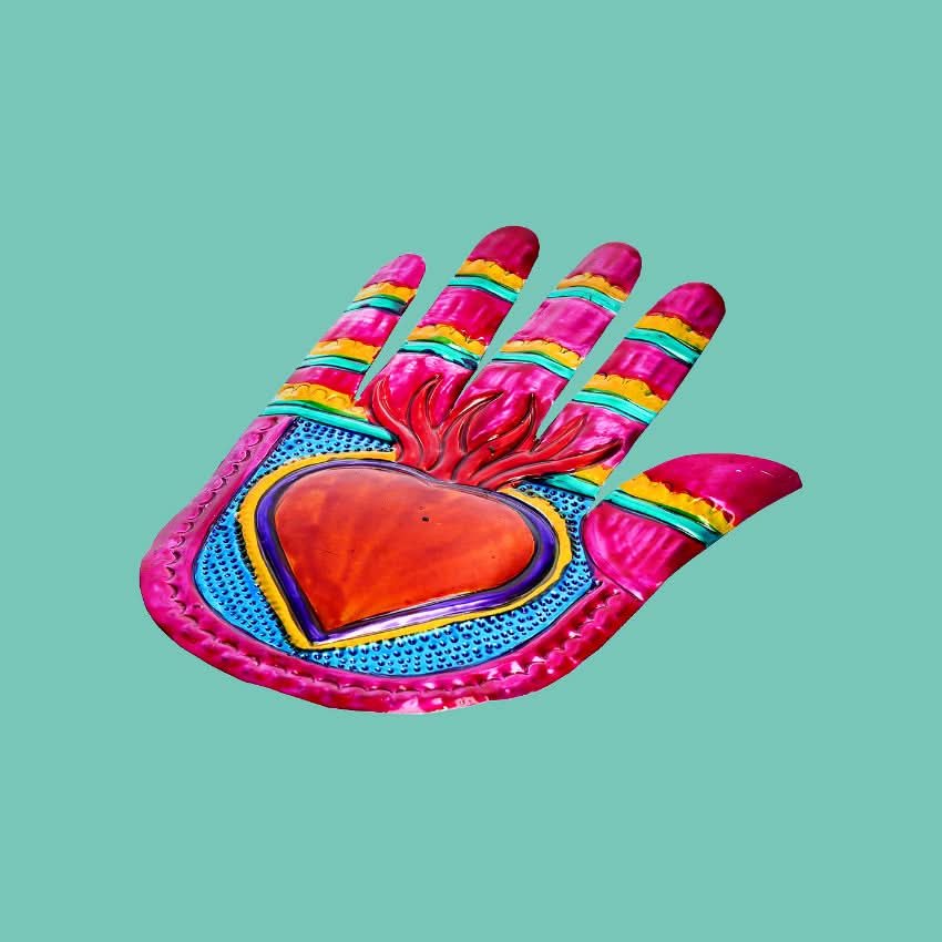 Decorazione da muro mano bassorilievo 3D cuore sacro Milagros artigianato messicano mano ex voto originale in metallo vintage