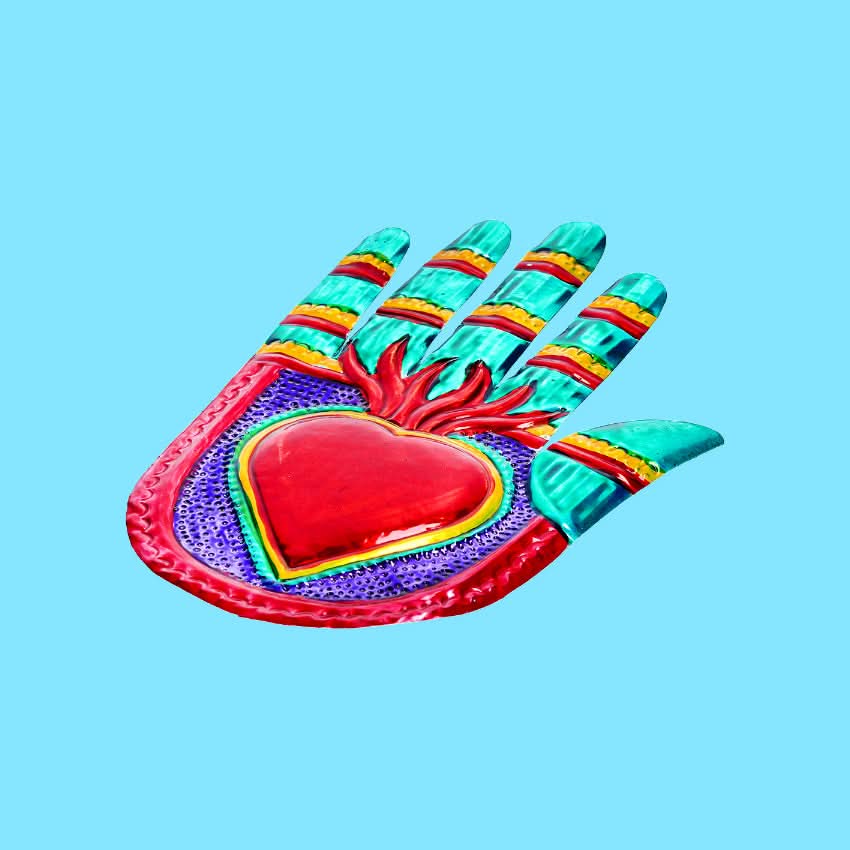Decorazione da muro mano bassorilievo 3D cuore sacro Milagros artigianato messicano mano ex voto originale in metallo vintage