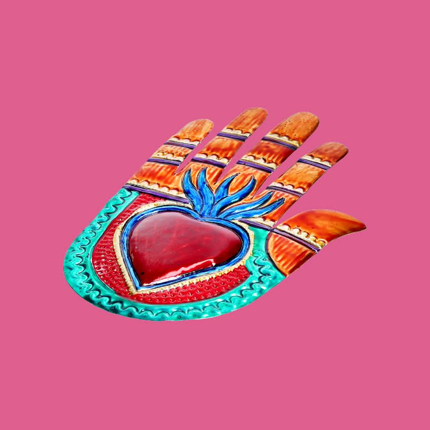 Decorazione da muro artigianale mano bassorilievo 3D cuore sacro Milagros messicano mano ex voto originale in metallo vintage