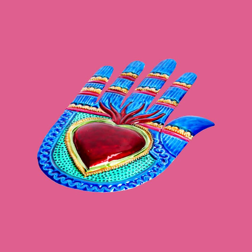 Decorazione da muro mano bassorilievo 3D cuore sacro Milagros artigianato messicano mano ex voto originale in metallo vintage