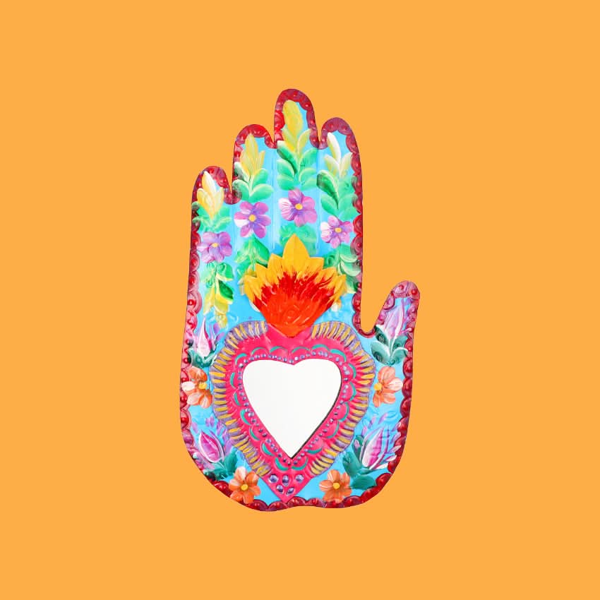 Decorazione da muro specchio cuore sacro Milagros artigianato messicano mano ex voto originale in metallo disegno fiori