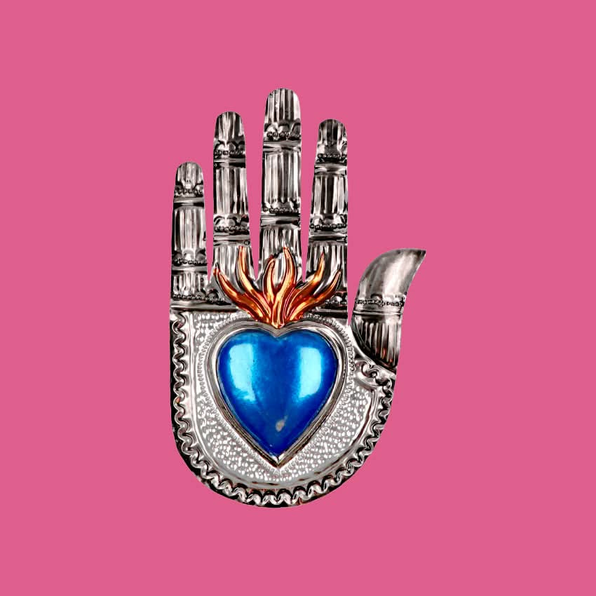 Decorazione da muro mano bassorilievo 3D cuore sacro Milagros artigianato messicano mano ex voto originale in metallo vintage