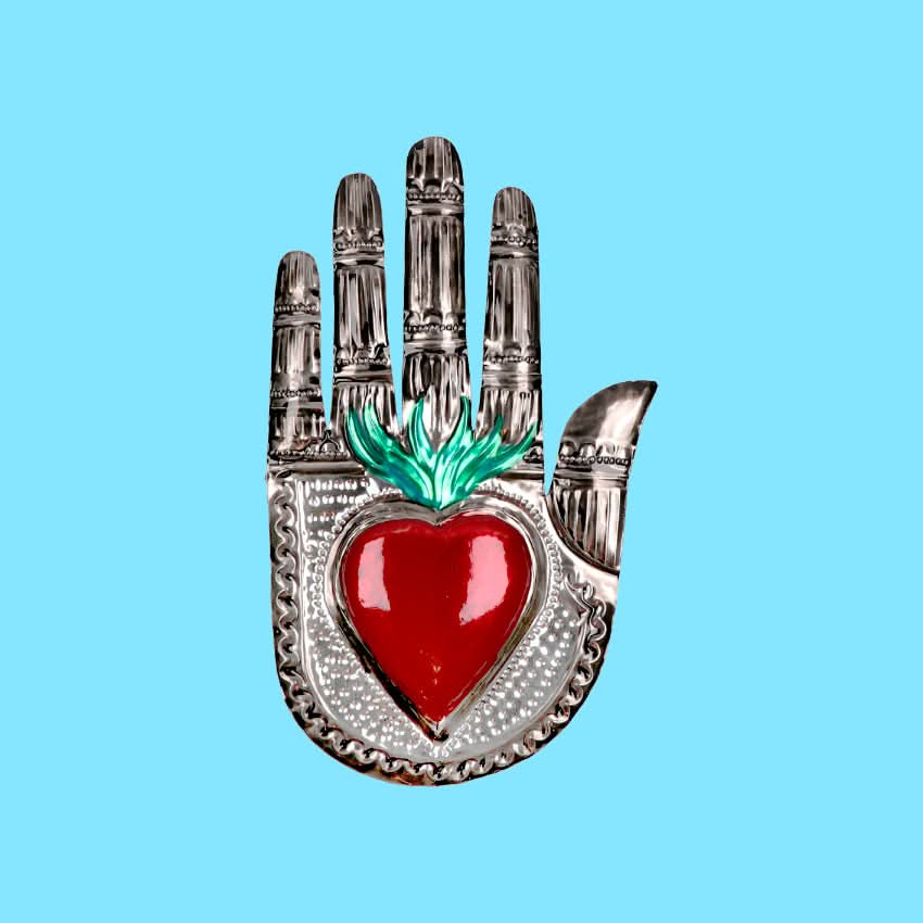 Decorazione da muro mano bassorilievo 3D cuore sacro Milagros artigianato messicano mano ex voto originale in metallo vintage