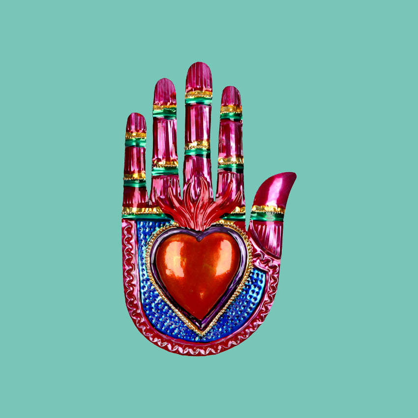 Decorazione da muro mano bassorilievo 3D cuore sacro Milagros artigianato messicano mano ex voto originale in metallo vintage