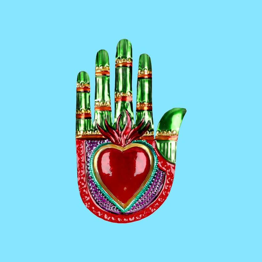 Decorazione da muro mano bassorilievo 3D cuore sacro Milagros artigianato messicano mano ex voto originale in metallo vintage