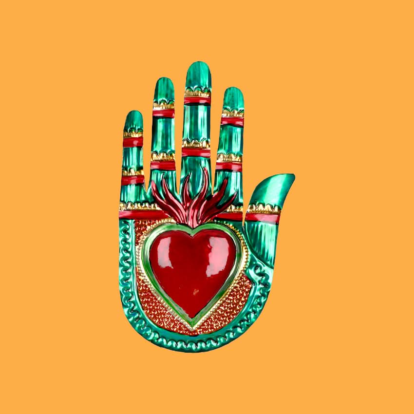 Decorazione da muro mano bassorilievo 3D cuore sacro Milagros artigianato messicano mano ex voto originale in metallo vintage