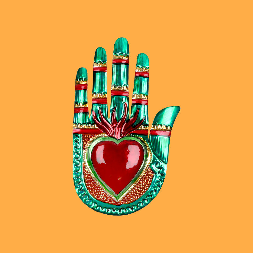 Decorazione da muro mano bassorilievo 3D cuore sacro Milagros artigianato messicano mano ex voto originale in metallo vintage