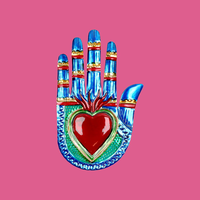 Decorazione da muro mano bassorilievo 3D cuore sacro Milagros artigianato messicano mano ex voto originale in metallo vintage
