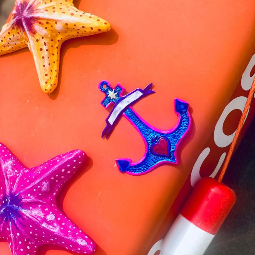 Decorazione da muro ancora con Cuore sacro Milagros artigianato messicano ex voto centrale e stendardo dipinto a mano tattoo