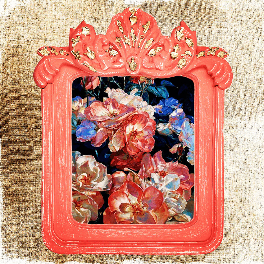 Decorazione da muro artigianale cornice specchio in legno Milagros messicano ex voto cuore conchiglia ciondoli porta fortuna