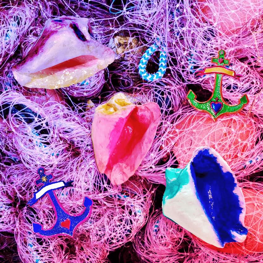 Decorazione scultura arredo casa da tavolo in cartapesta colorata artigianale messicana conchiglia mare eco sostenibile