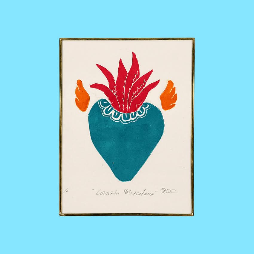 Decorazione quadro da muro disegno con Cuore sacro Milagros messicano ex voto dipinto a mano tattoo e cornice in ottone