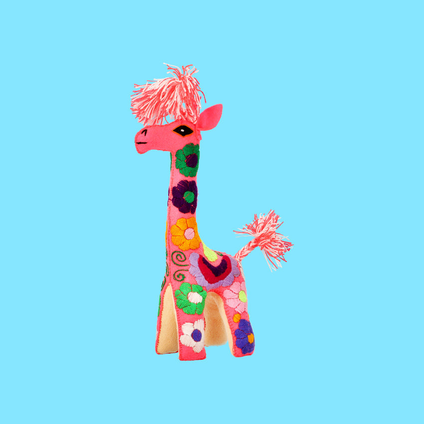 Decorazione arredo casa da tavolo artigianato peluche giraffa fatto a mano colorato e ricamato in lana messicano