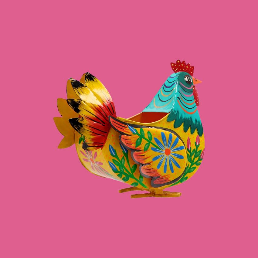 Decorazione arredo casa giardino vaso artigianato gallina metallo colorata messicana con cuore ex voto porta fortuna