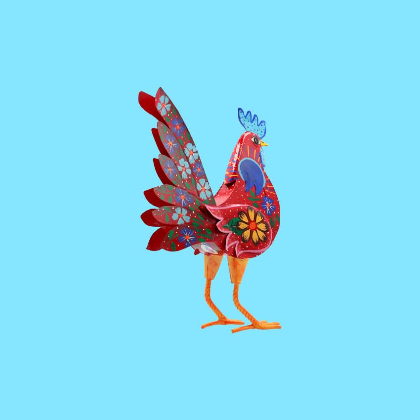 Decorazione arredo casa giardino scultura artigianato gallo da terra metallo colorato messicana cuore ex voto porta fortuna